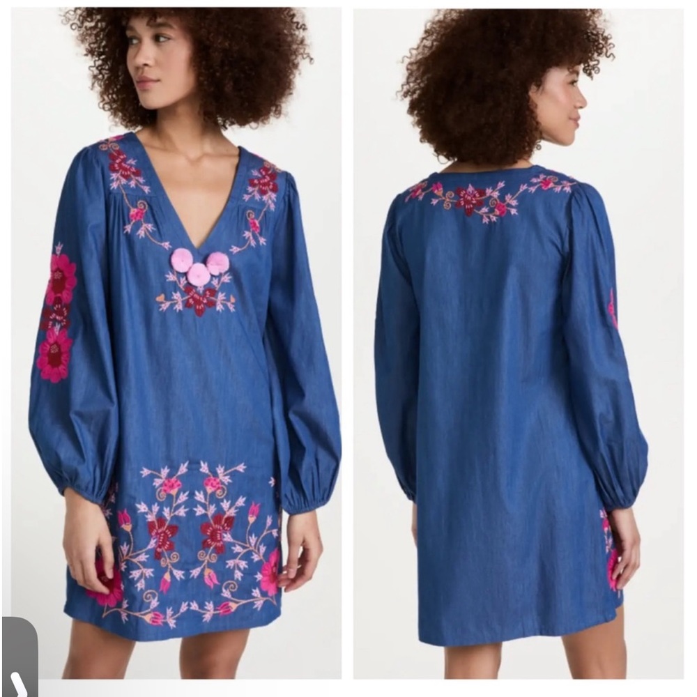 Embroidered Blue Dress with Pink Floral Accents